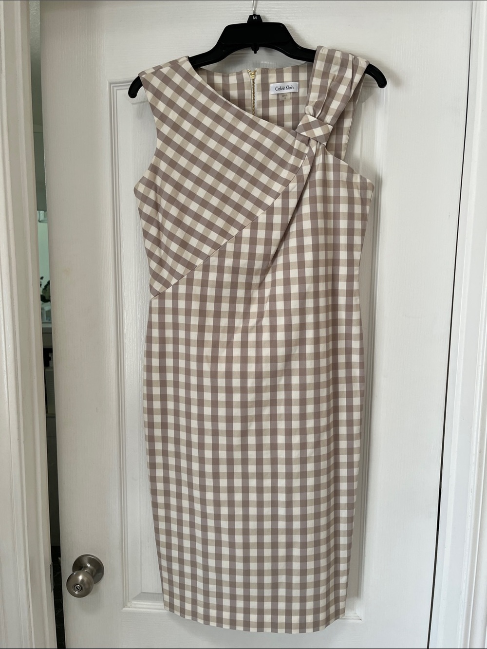 Calvin Klein One-Shoulder Gingham Sheath Dress in Beige and White, 10